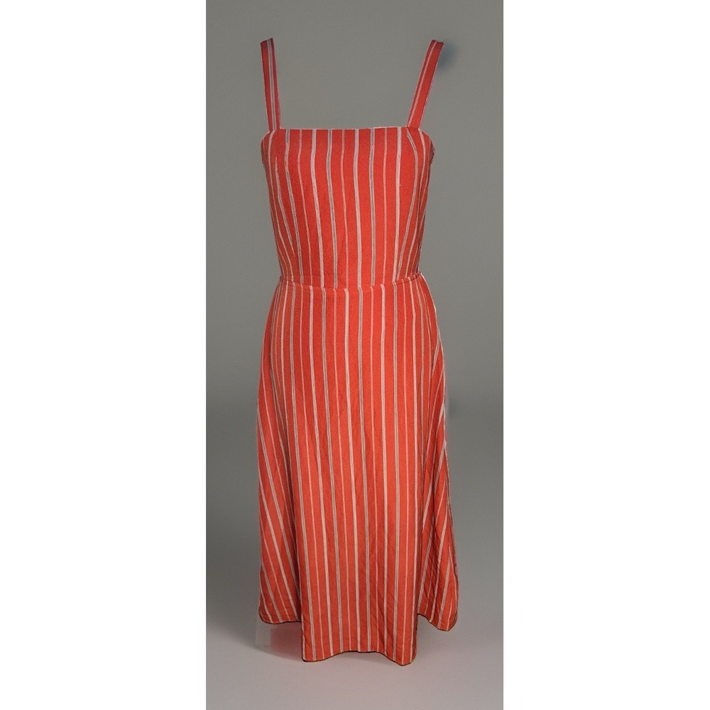 orange/red vertical striped Square Neckline Cutout Back w/Tie midi sundress M